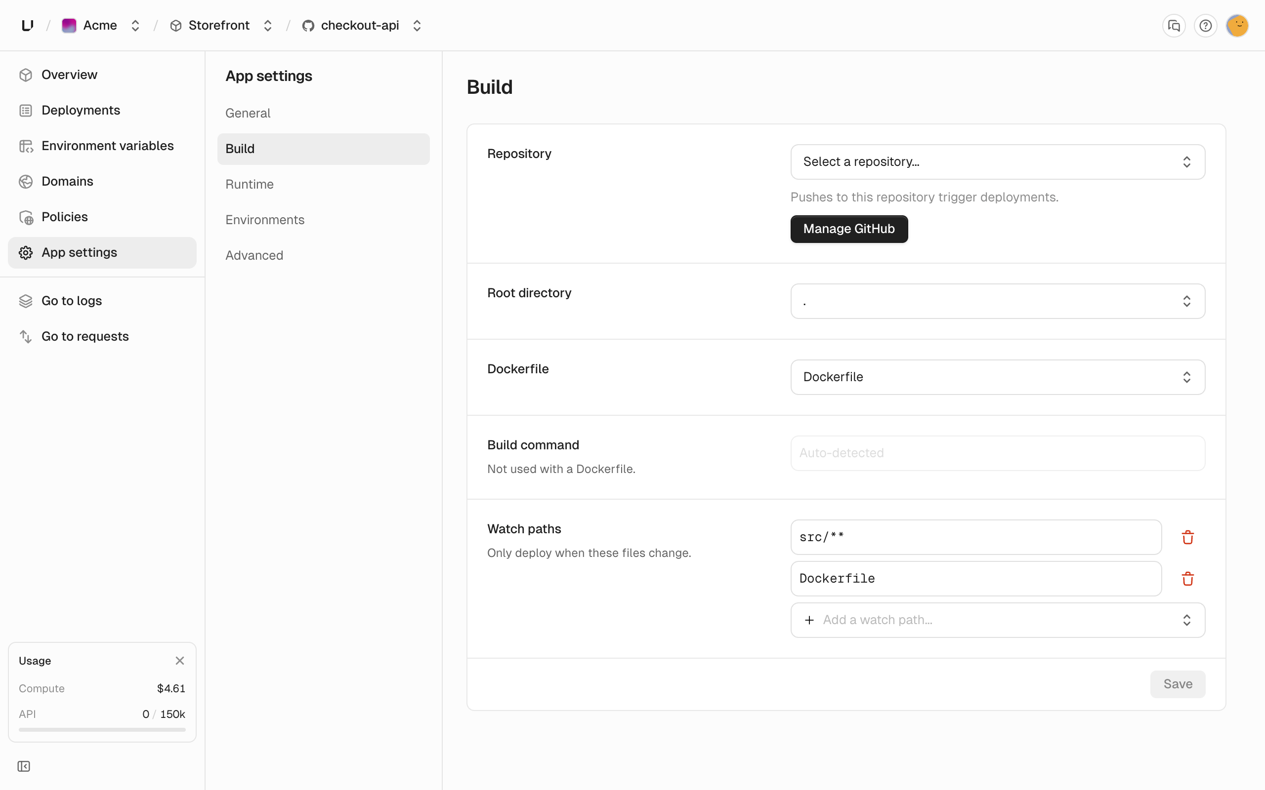 App Settings build section showing repository, root directory, Dockerfile, build command, watch paths, and auto deploy