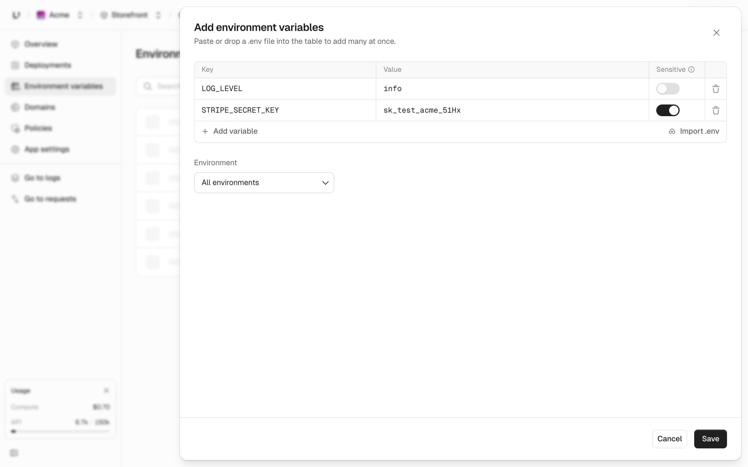 Add Environment Variable panel with a key and value, the environment picker set to All Environments, the Sensitive toggle, and the .env import option