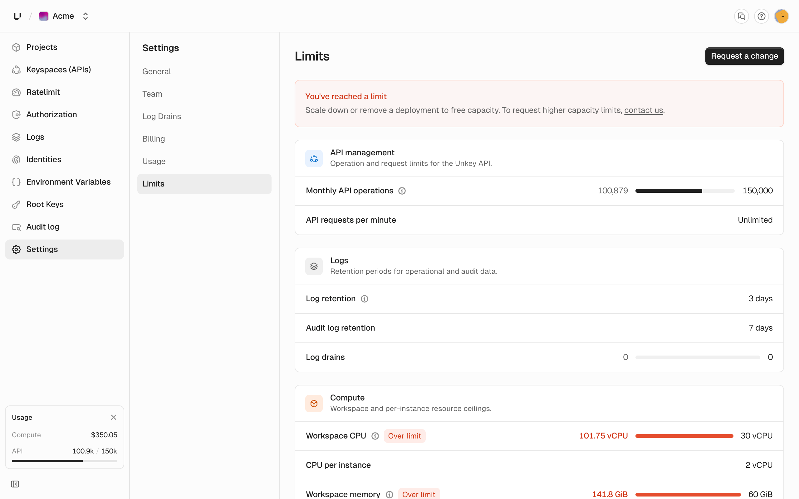 Limits settings page showing API management, logs, and Compute limits with current usage bars
