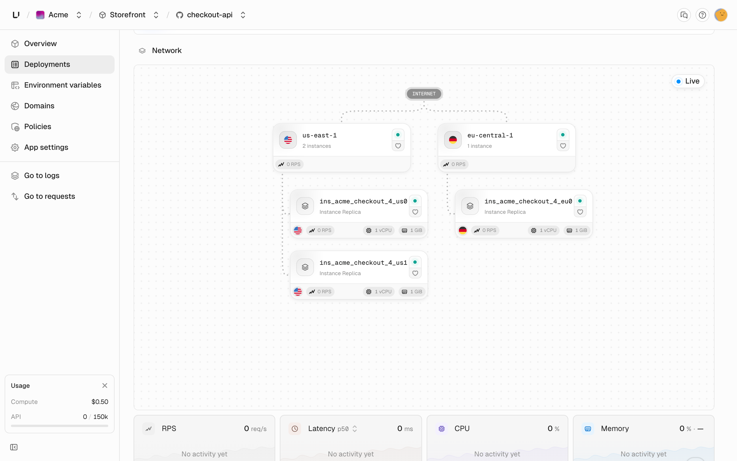 Deployment page Network view showing a region and its running instance
