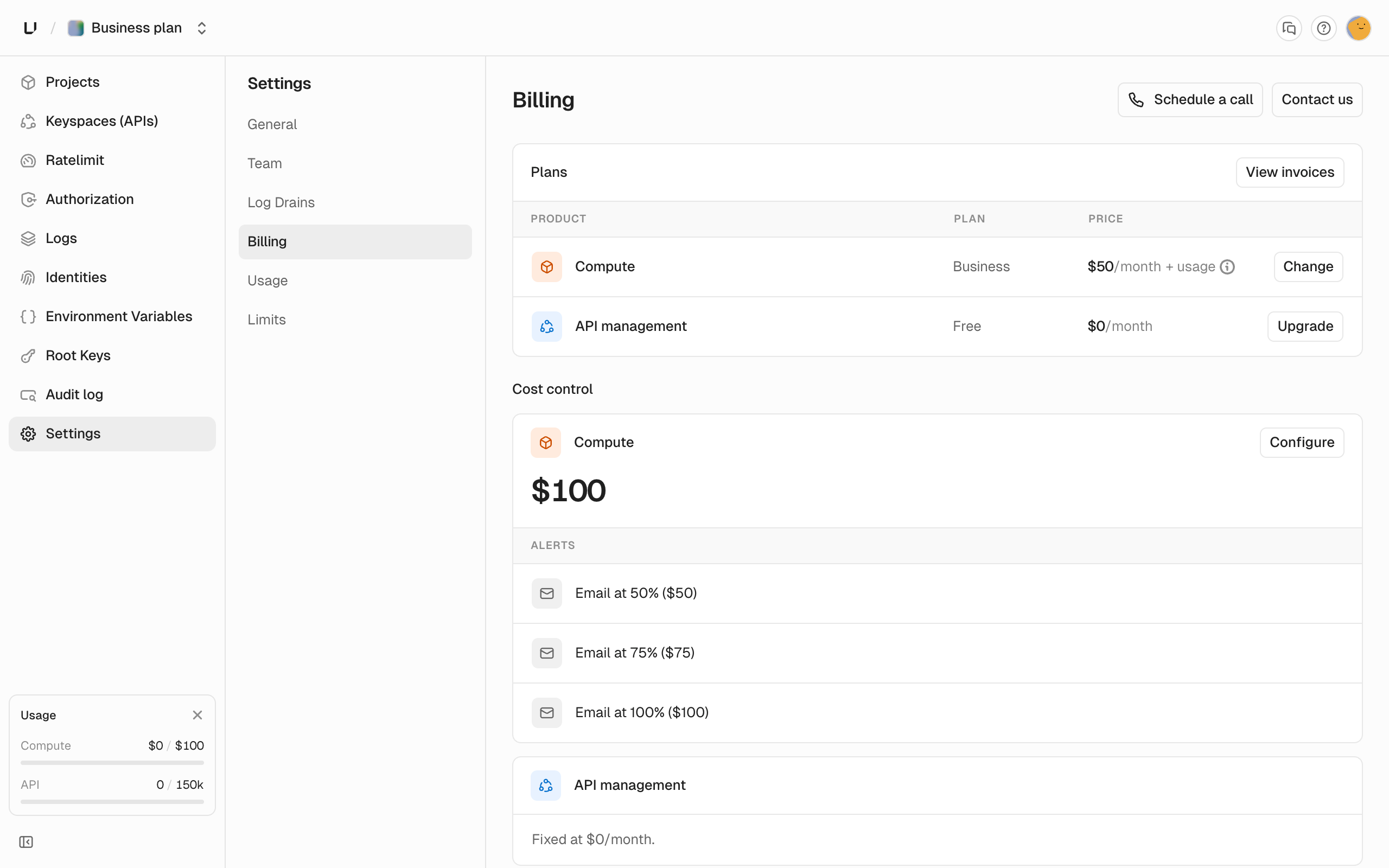 Billing settings page showing the Compute and API management plans with Change and Upgrade buttons, and the Compute cost control budget with its email alerts