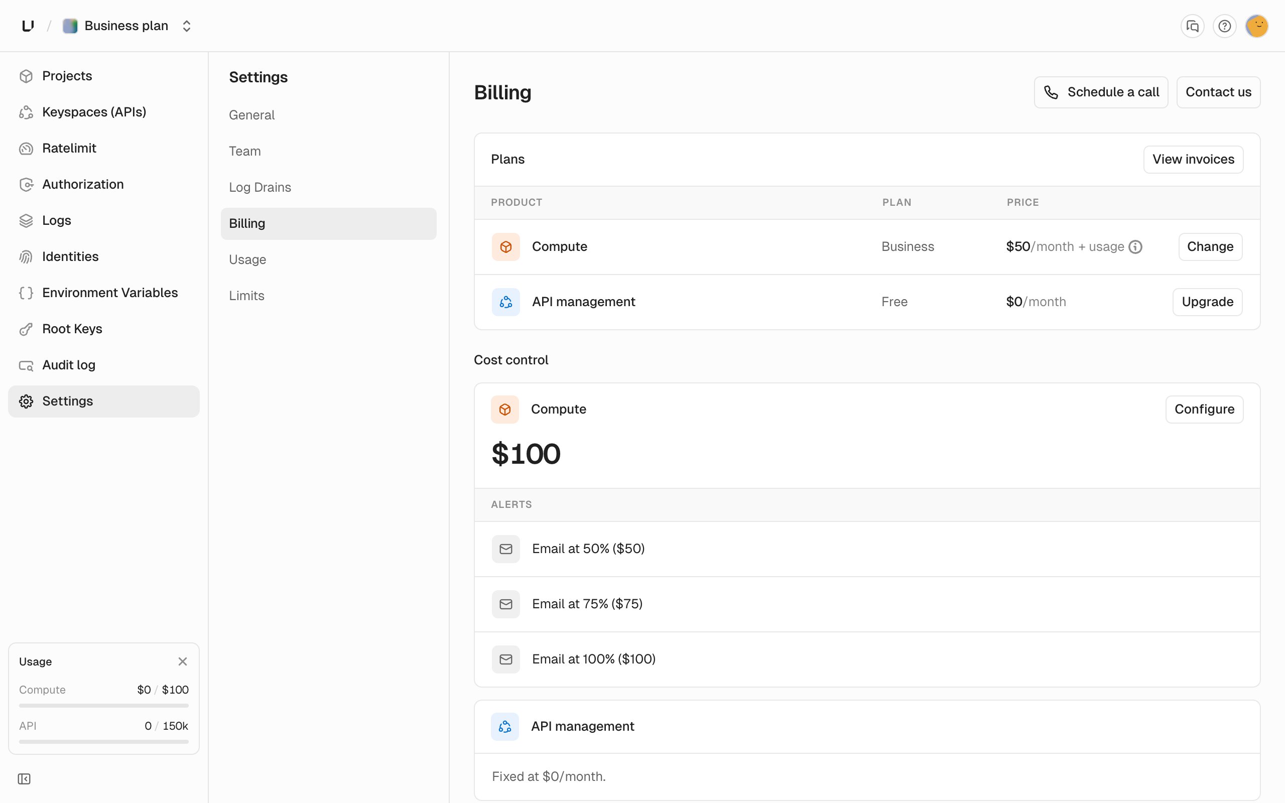 Billing settings page showing the Compute and API management plans with Change and Upgrade buttons, and the Compute cost control budget with its email alerts