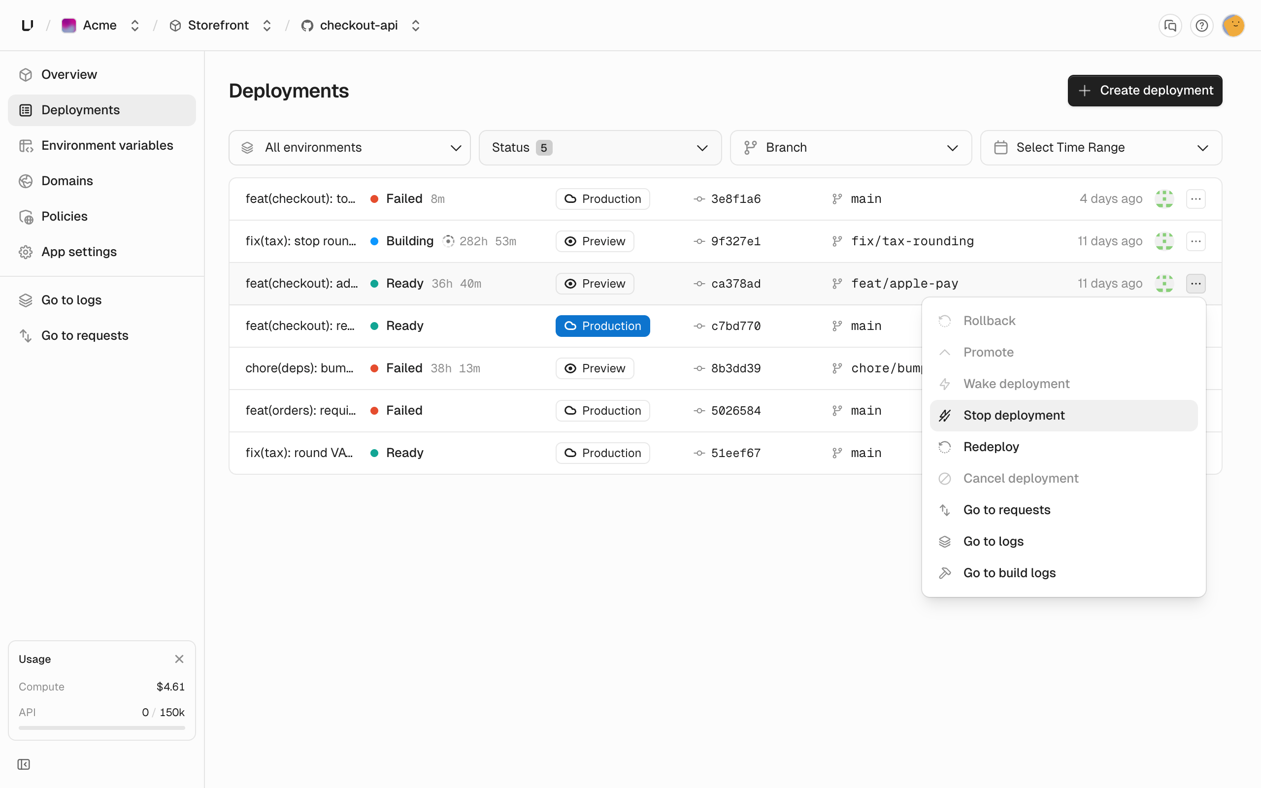 Deployments page listing deployments with status, environment, and branch, with one row's menu open showing Rollback, Promote, Redeploy, Cancel deployment, and links to requests, logs, and build logs