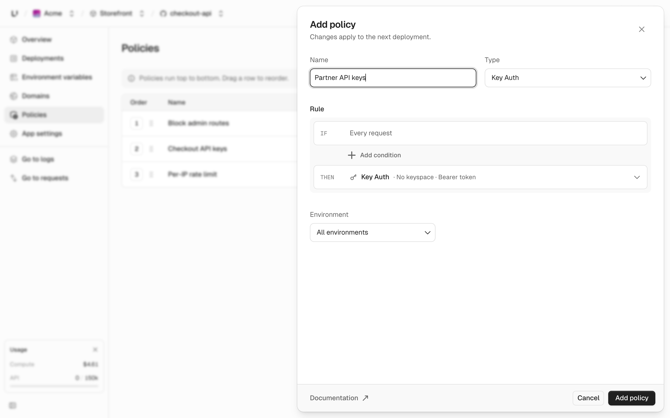 Add policy panel with the Name and Type fields, the Rule card with If and Then rows, and the Environment select set to All environments