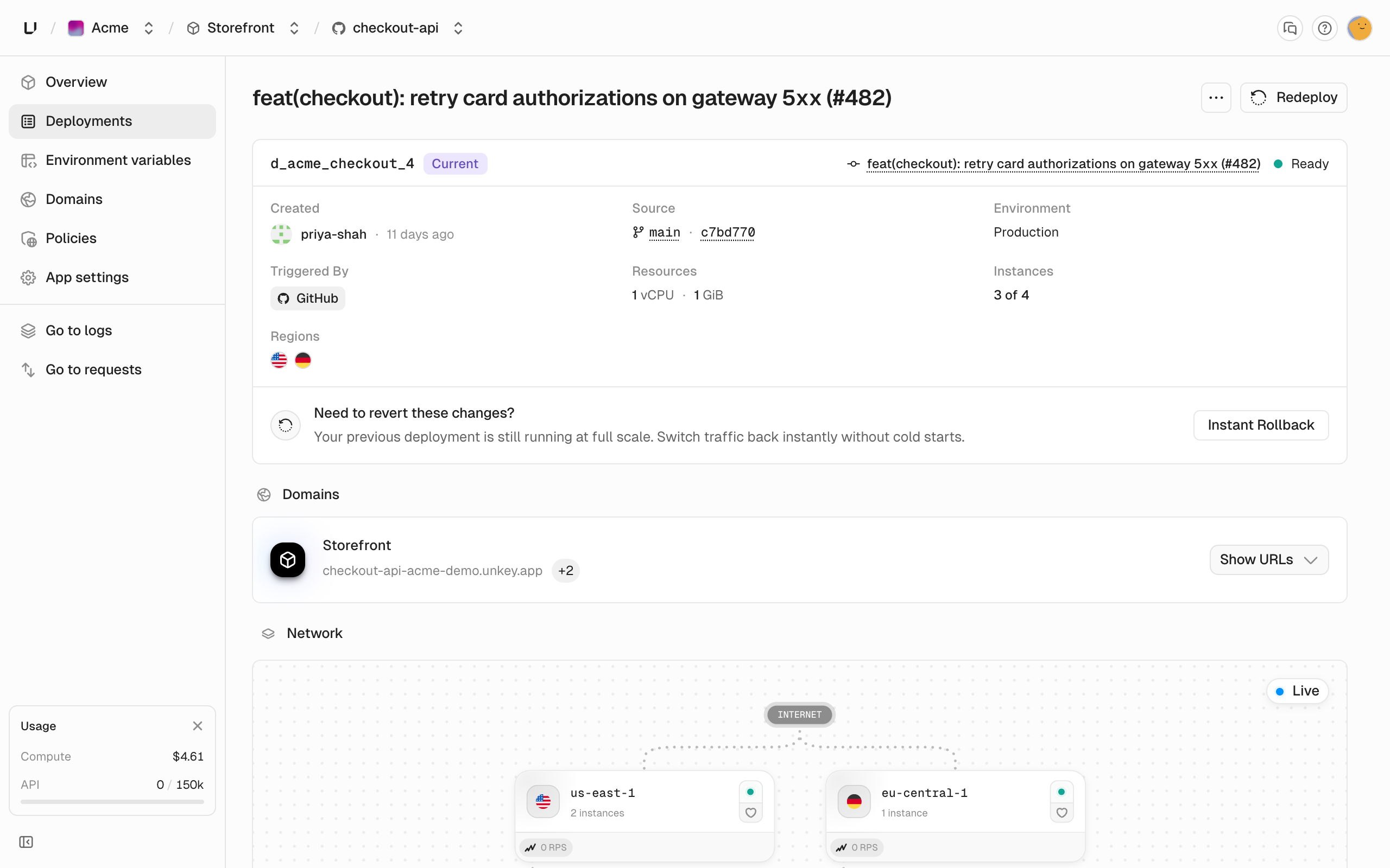 Deployment page for a ready production deployment showing its commit, resources, instances, domains, and network