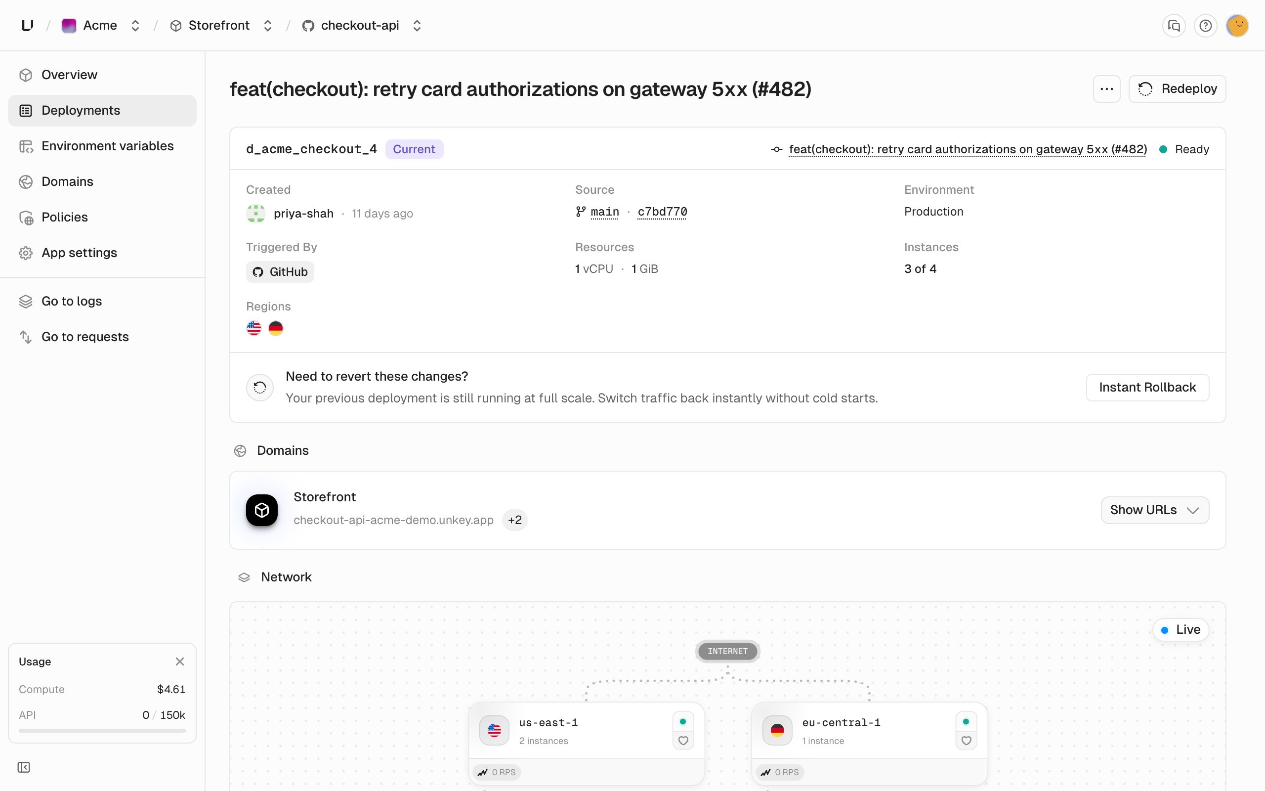 Deployment page for a ready production deployment showing its commit, resources, instances, domains, and network