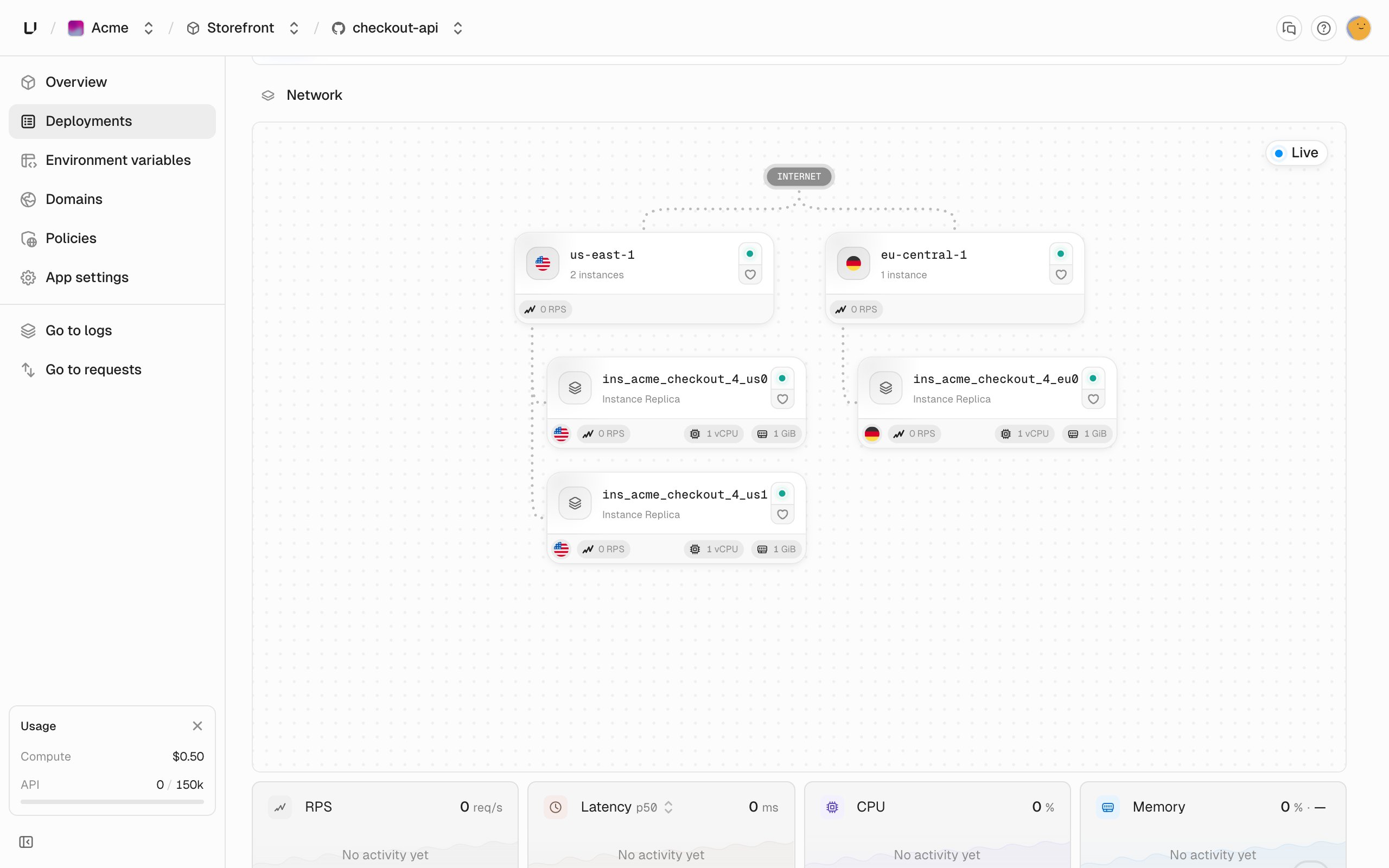 Deployment page Network view showing two regions and their running instances