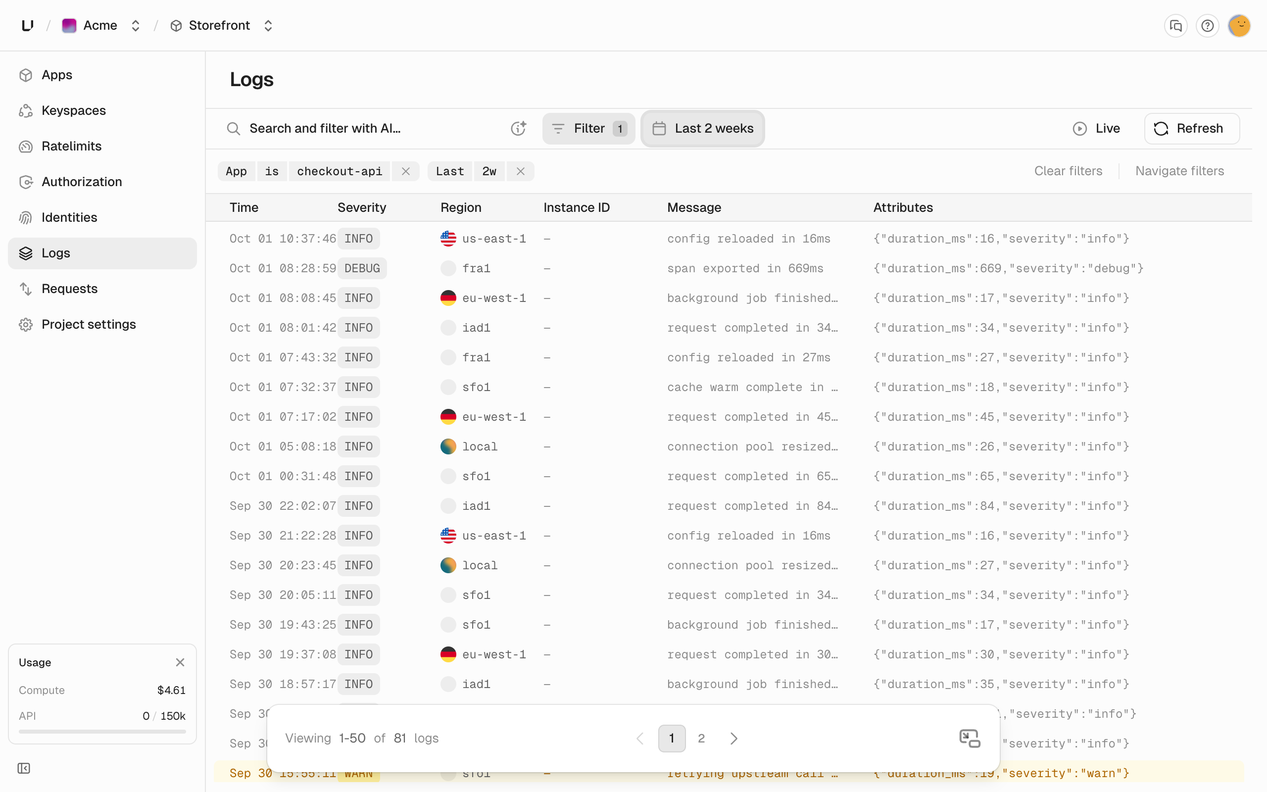 Logs page filtered to one app, listing log lines with time, severity, region, instance, and message