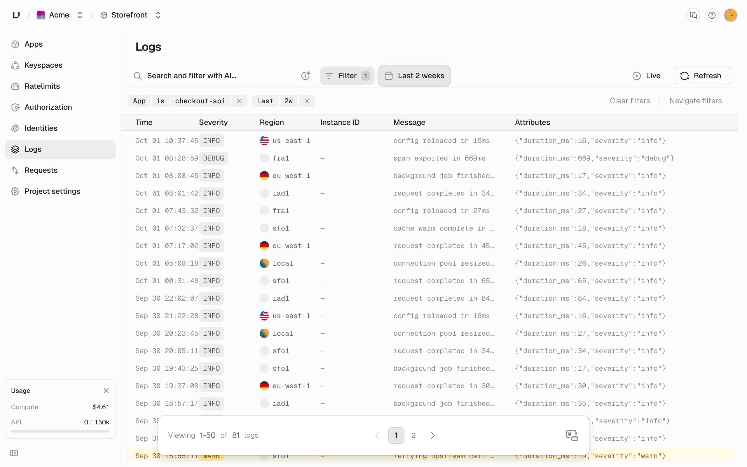 Logs page filtered to one app, listing log lines with time, severity, region, instance, and message