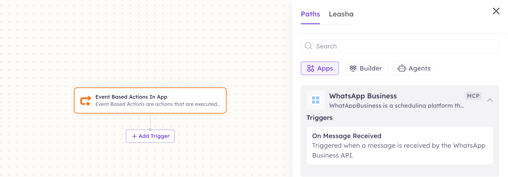 WhatsApp Business triggers in the Apps panel