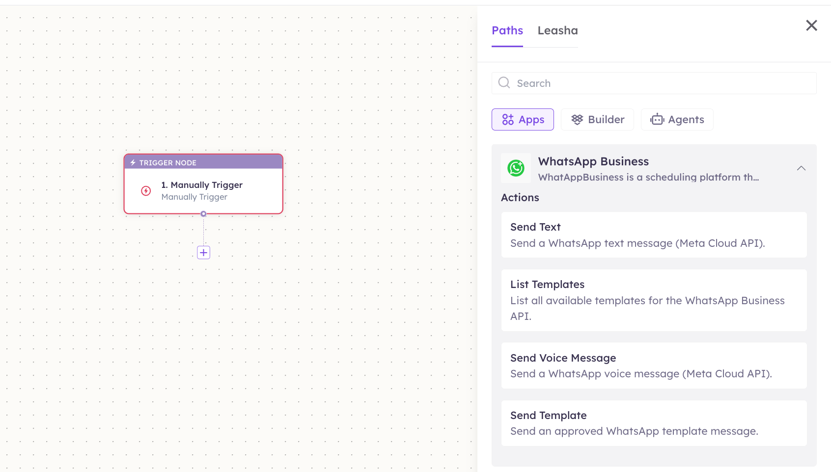 WhatsApp Business actions in the Apps panel