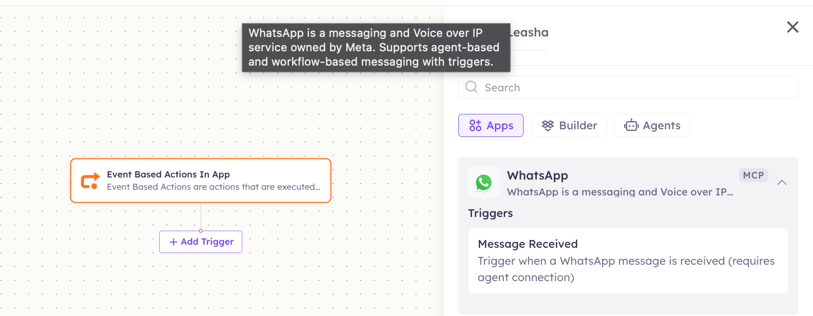 WhatsApp Web triggers in the Apps panel