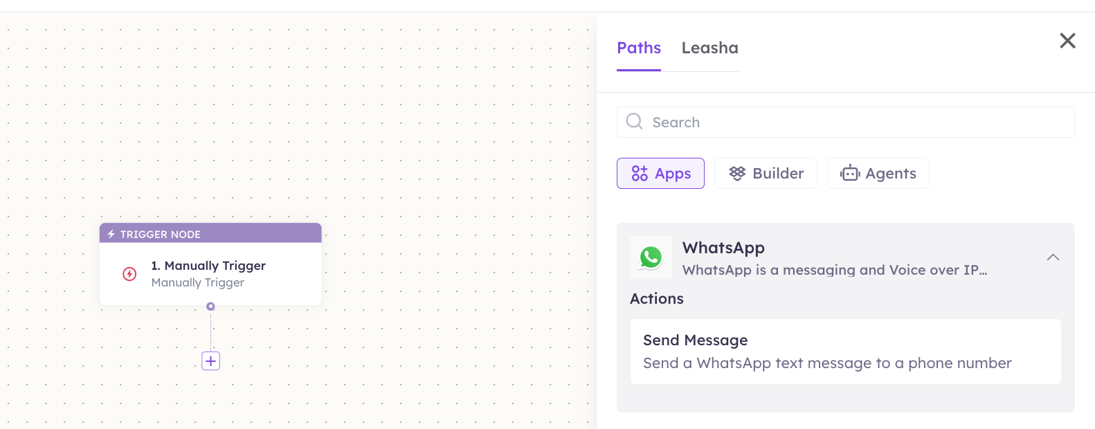 WhatsApp Web actions in the Apps panel