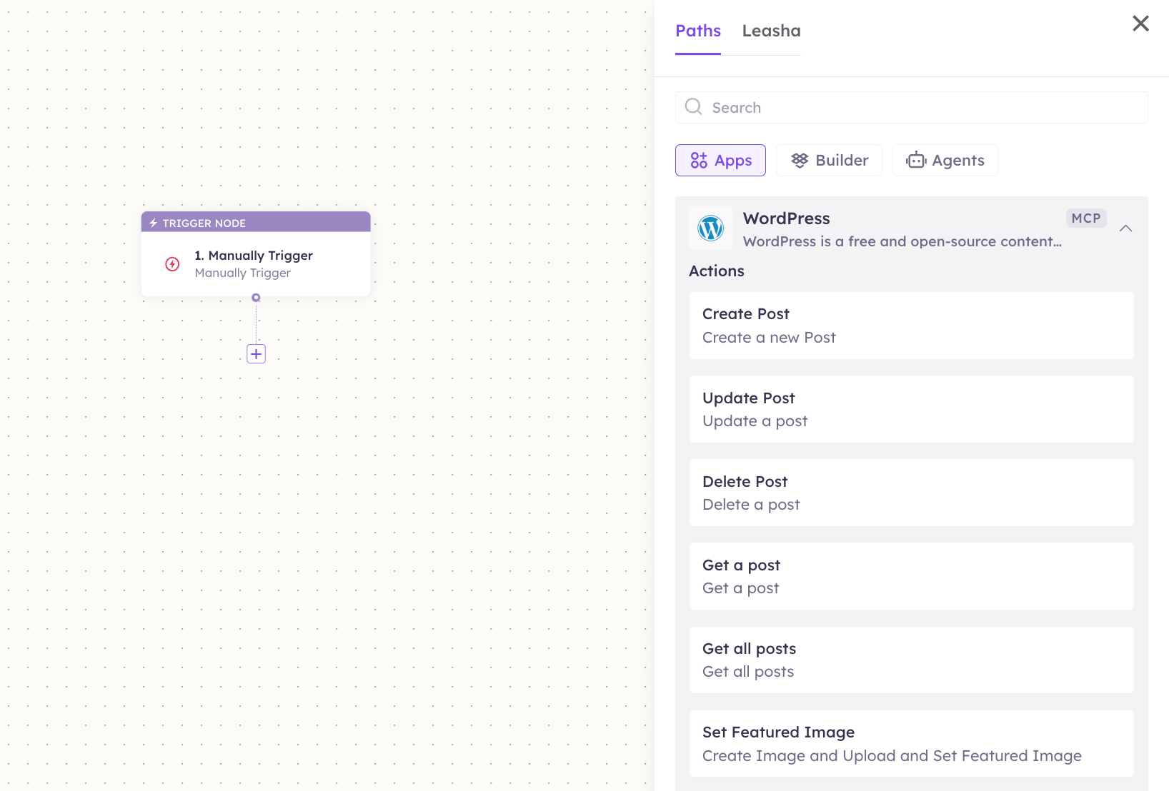 WordPress actions in the Apps panel