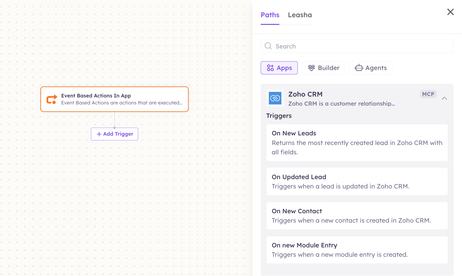 Zoho CRM triggers in the Apps panel