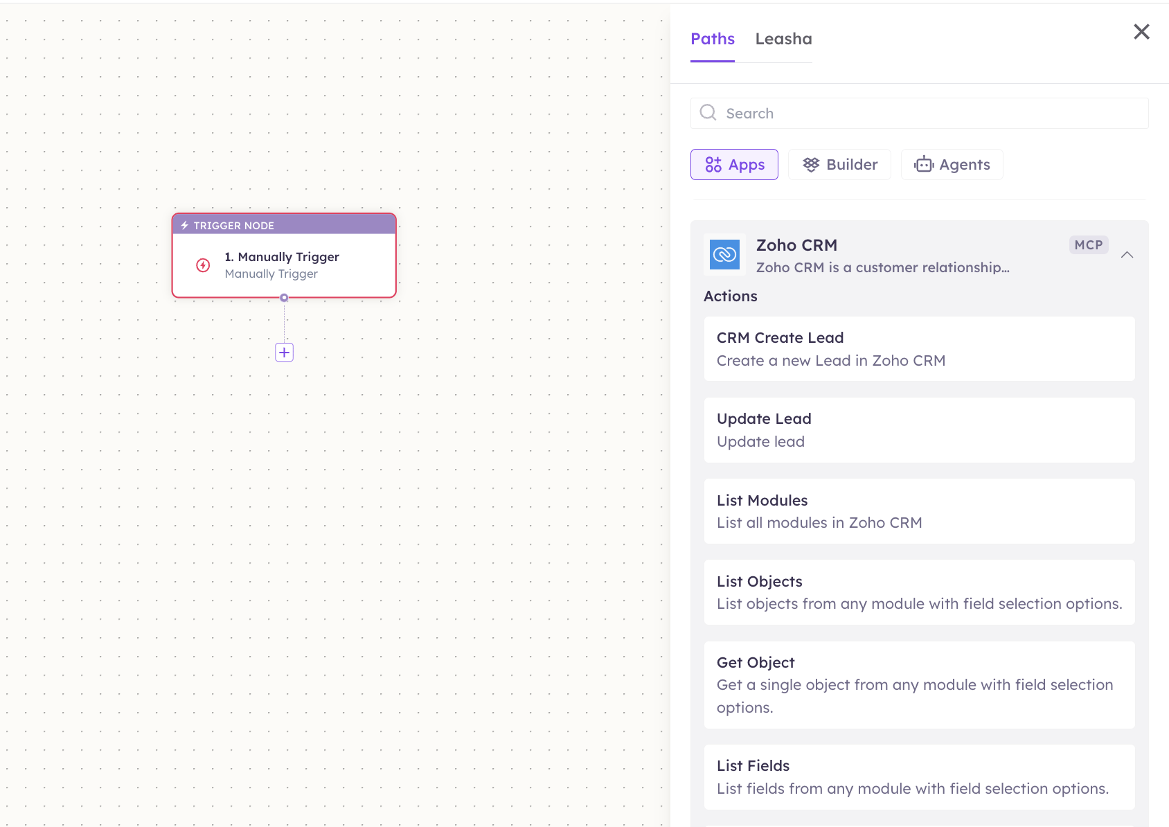 Zoho CRM actions in the Apps panel