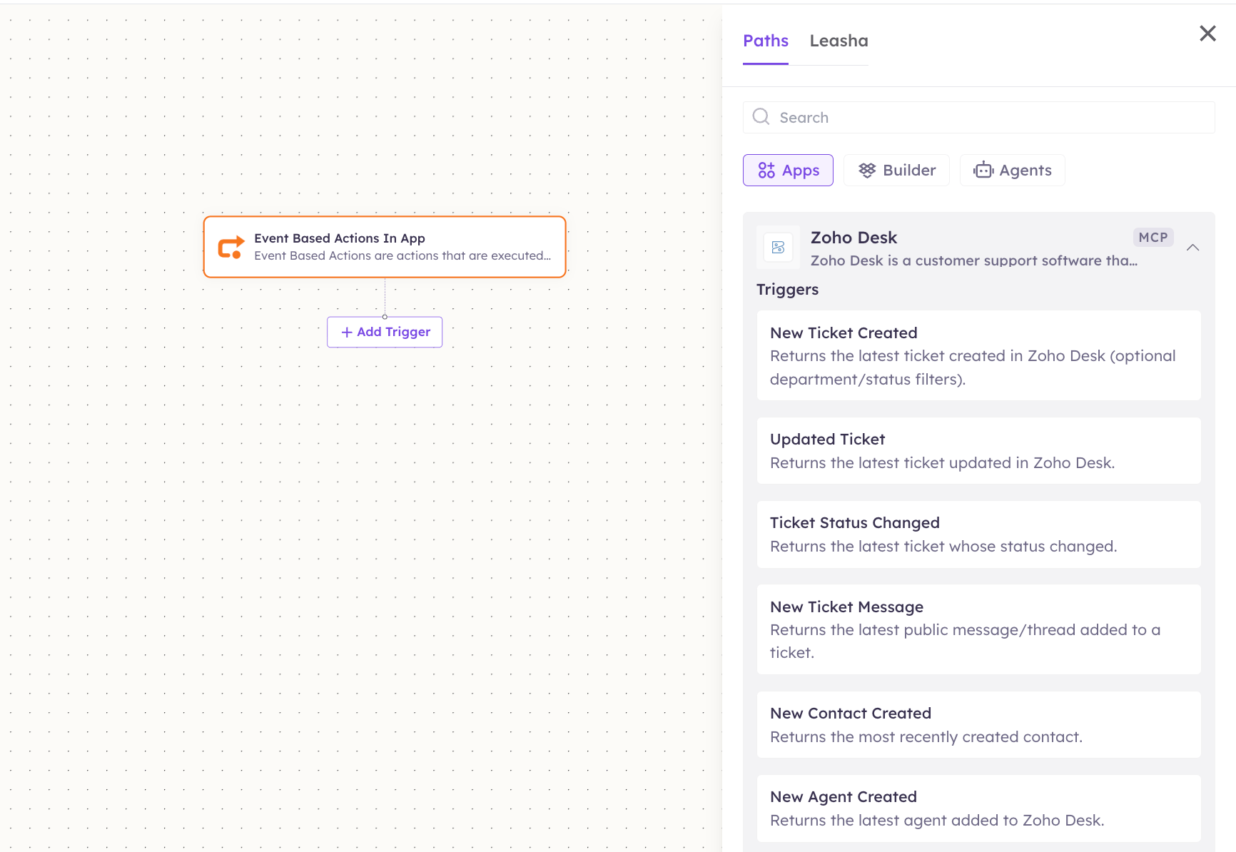 Zoho Desk triggers in the Apps panel