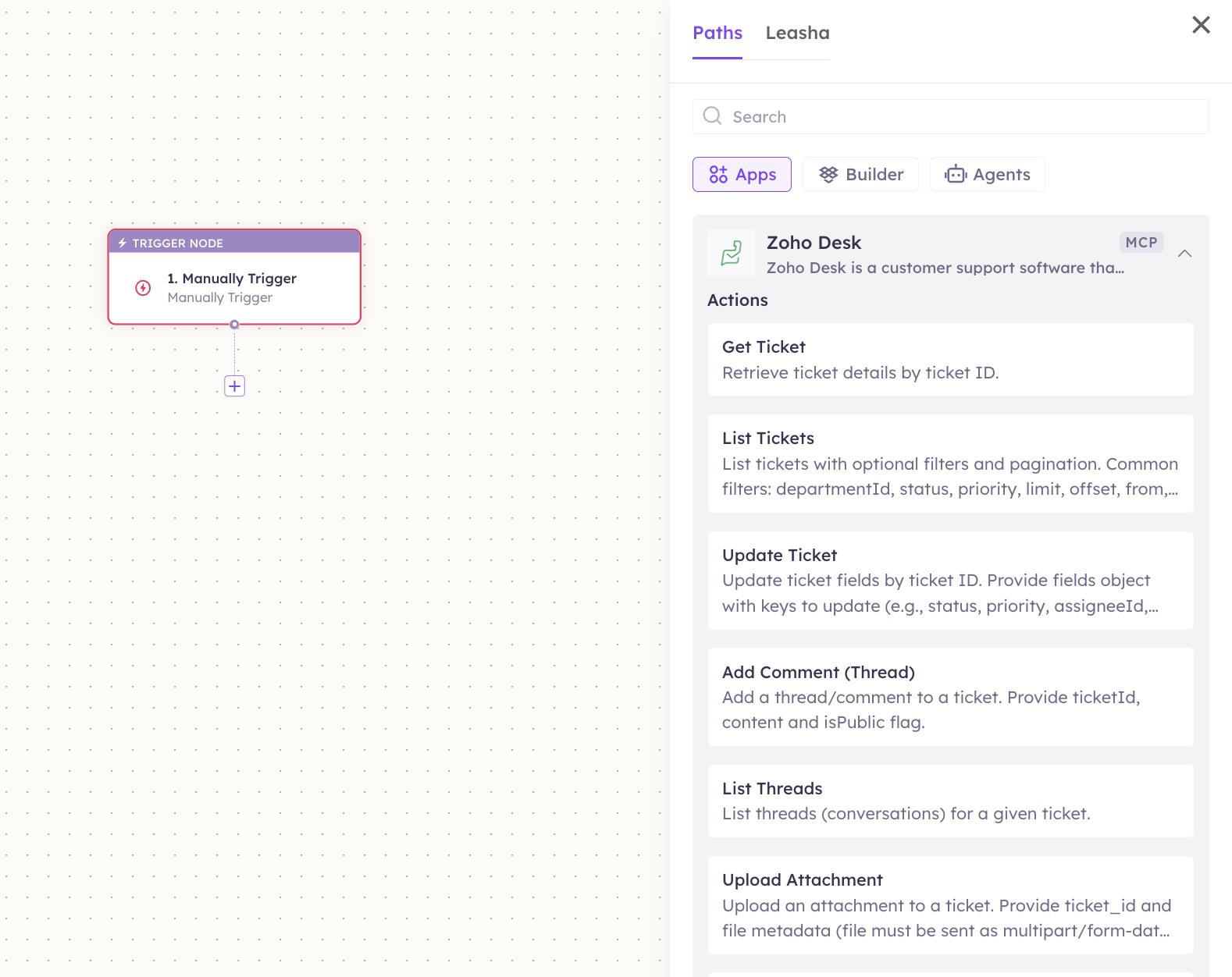Zoho Desk actions in the Apps panel