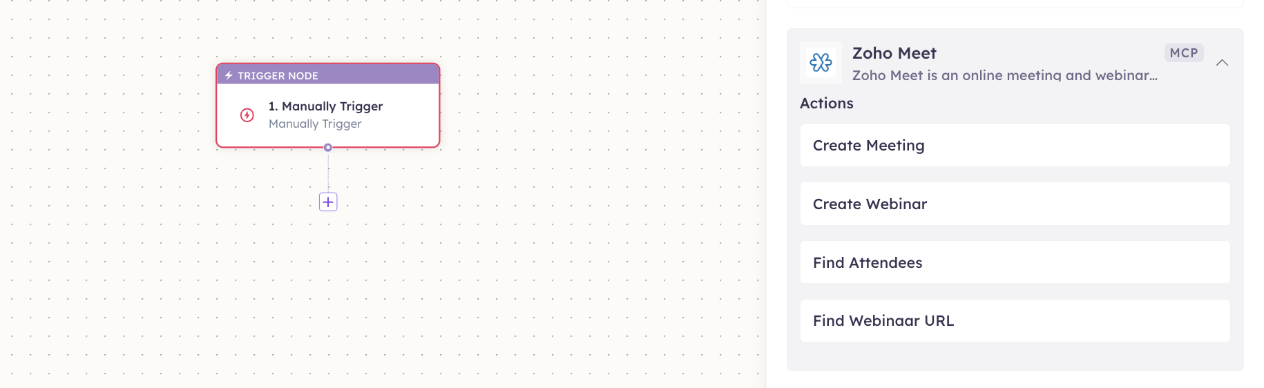 Zoho Meet actions in the Apps panel