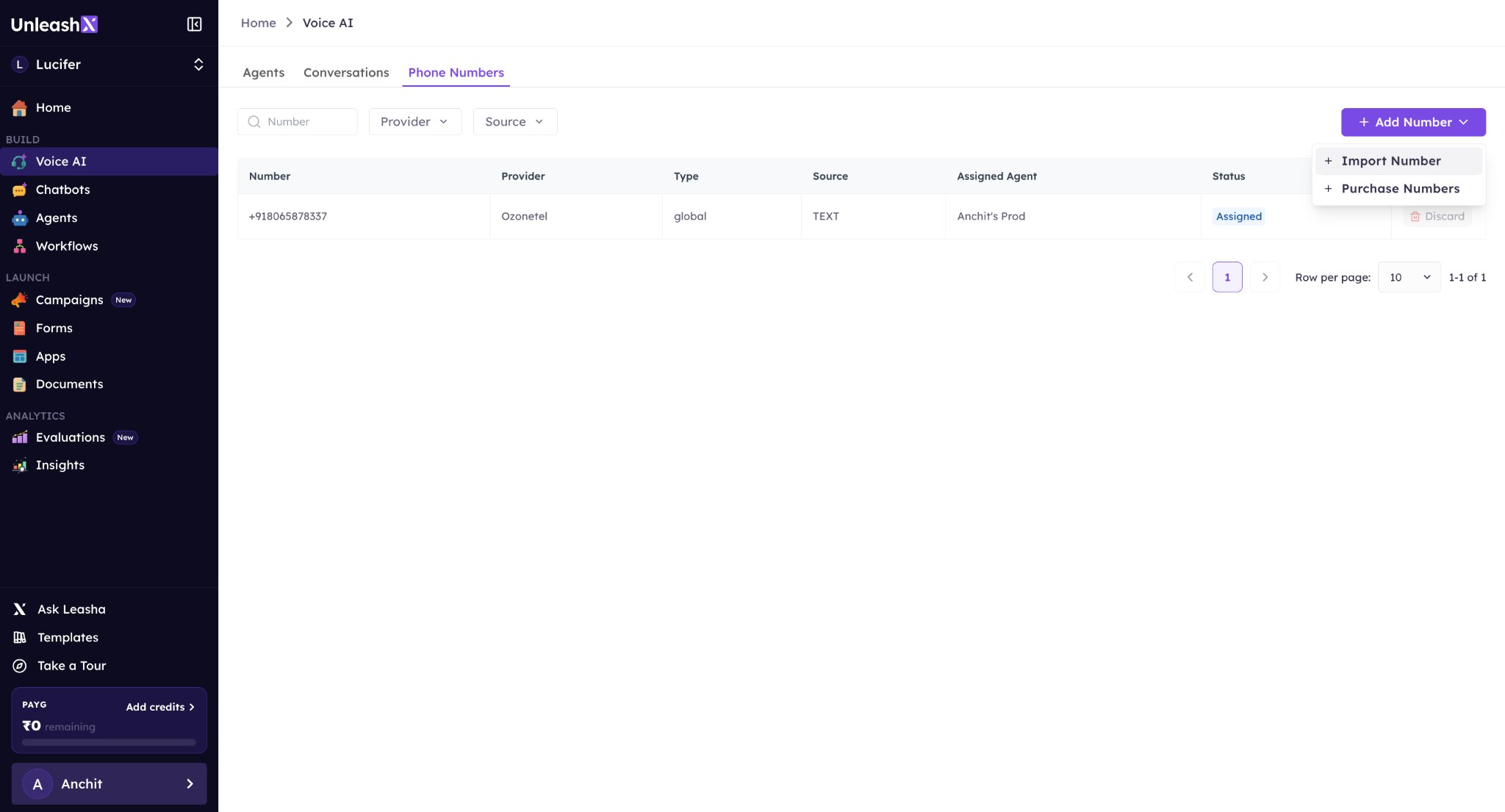 Add Number dropdown with Import Number option