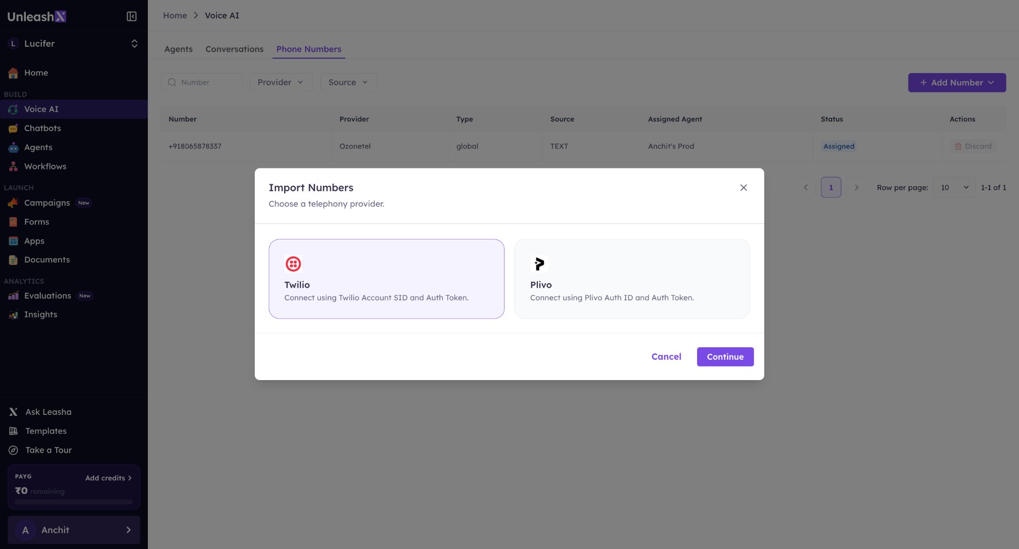 Select Twilio as telephony provider