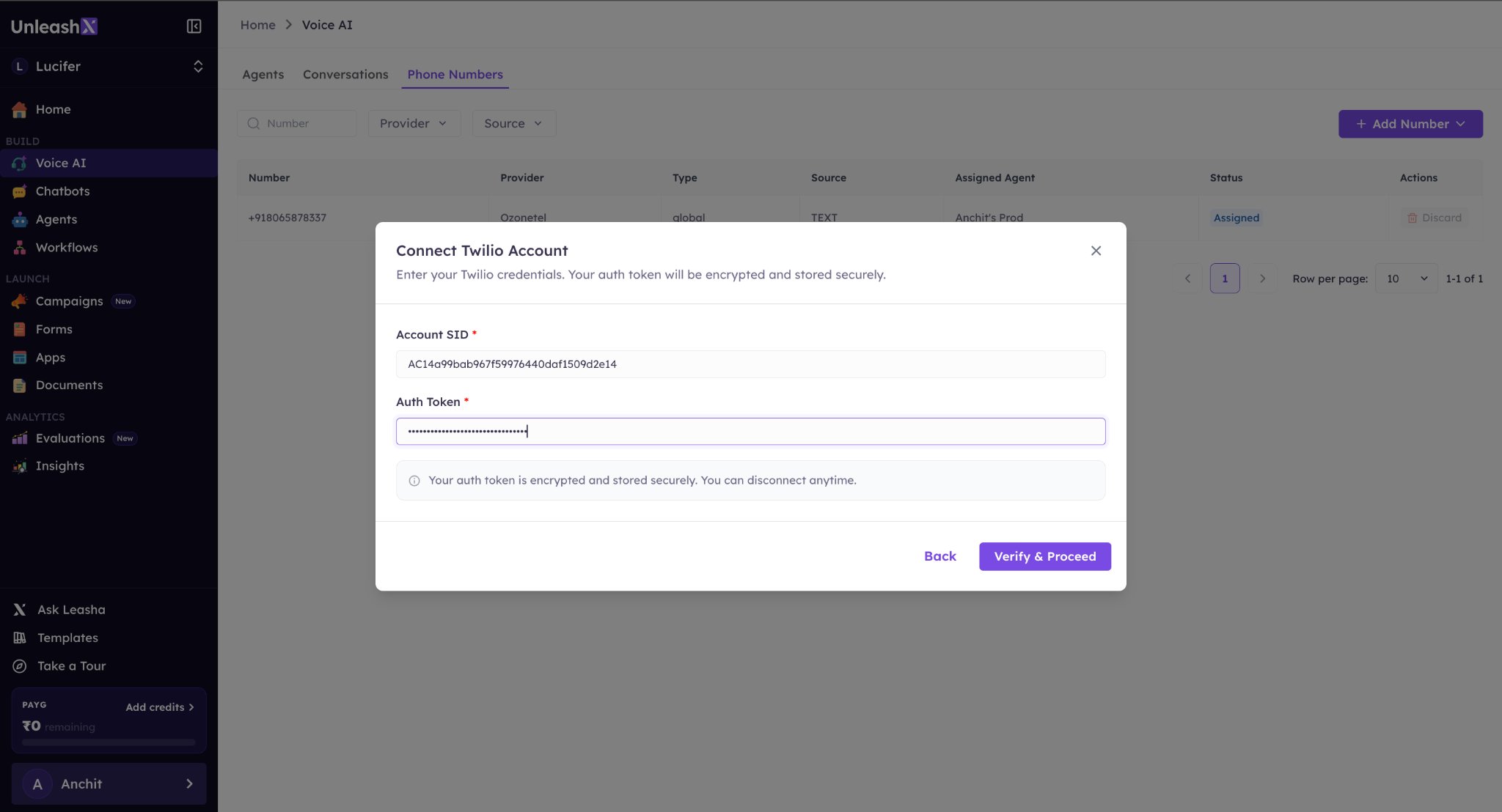 Enter Twilio Account SID and Auth Token