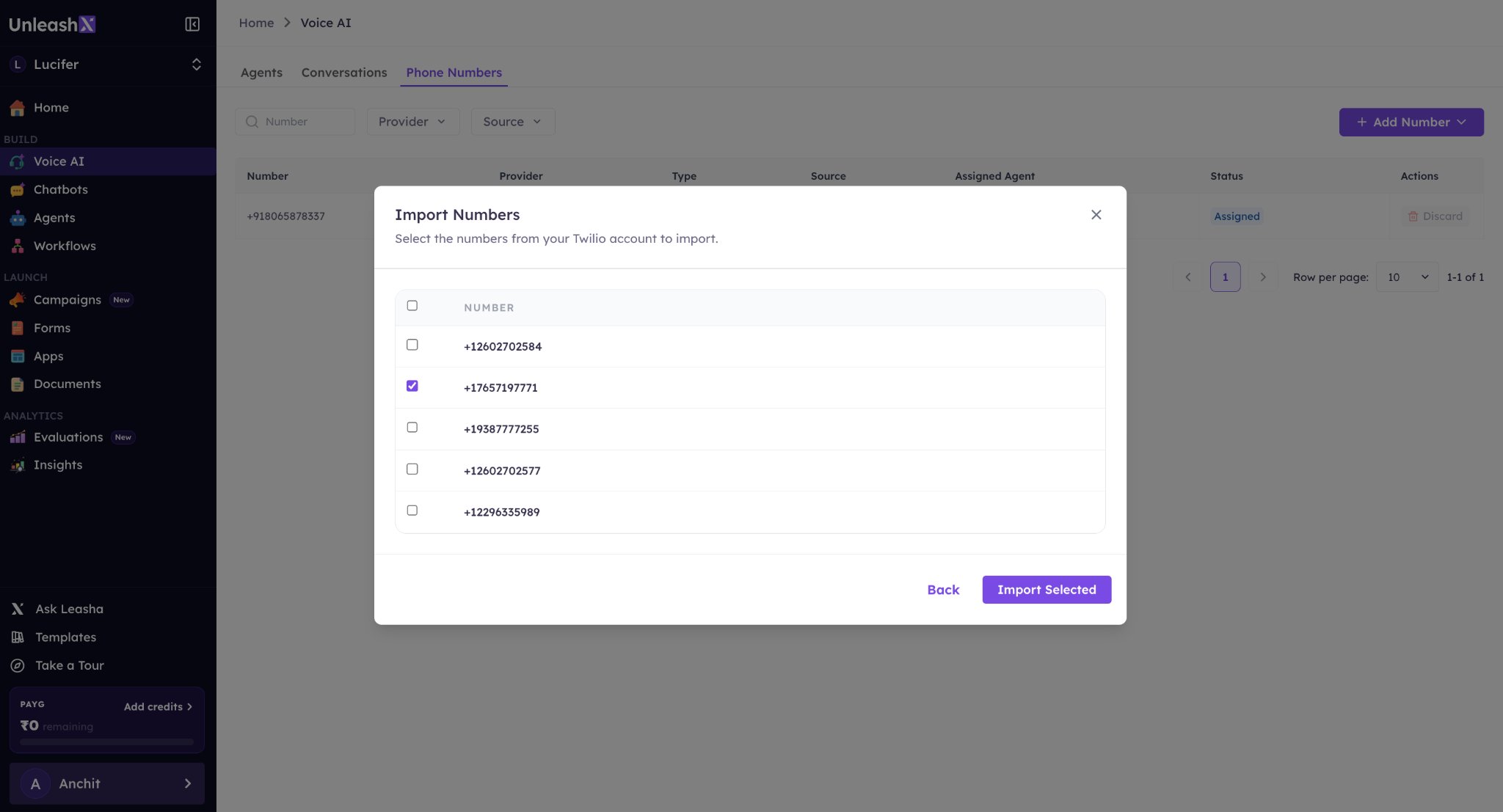 Select numbers to import from Twilio