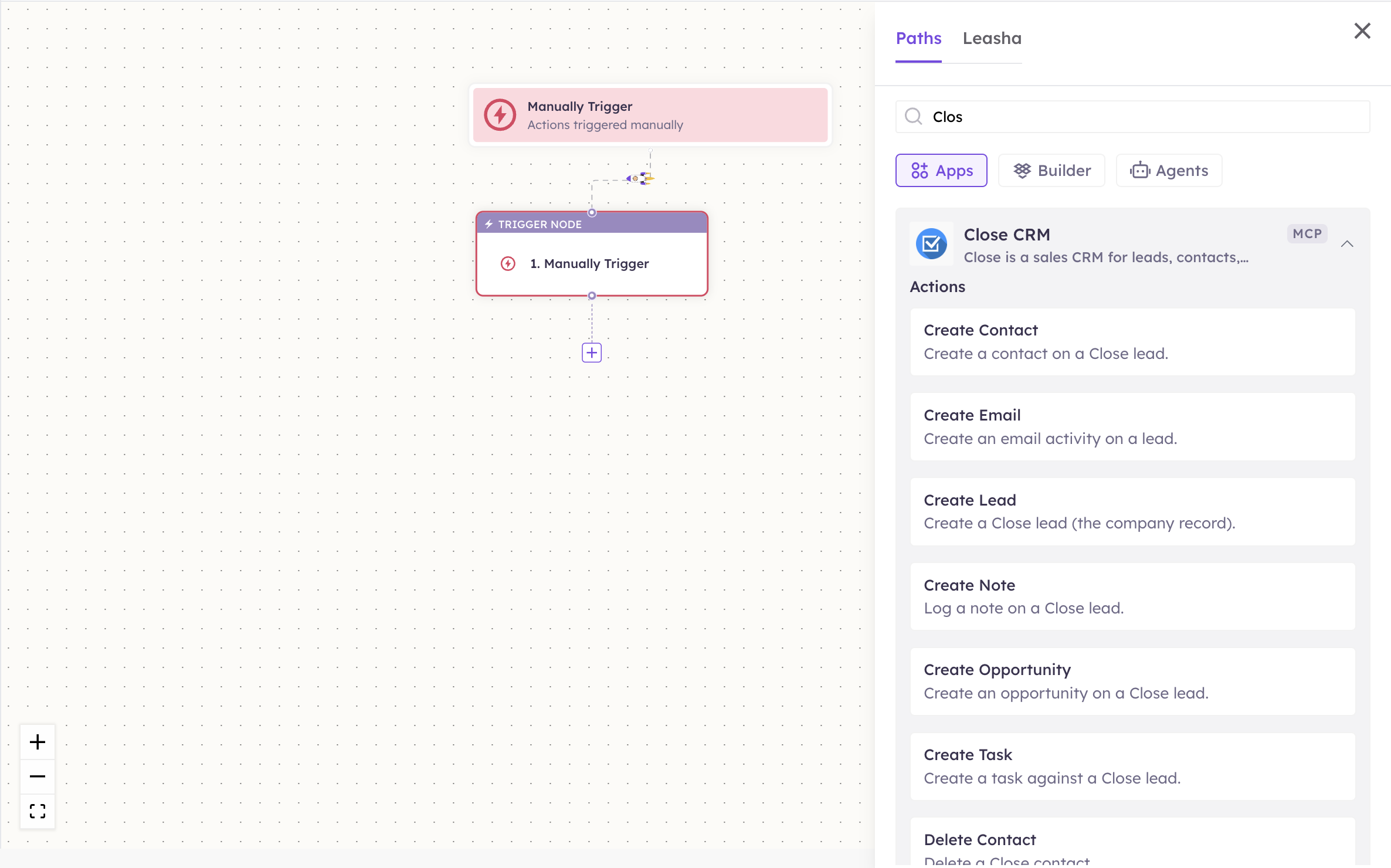 Close CRM actions in the Apps panel
