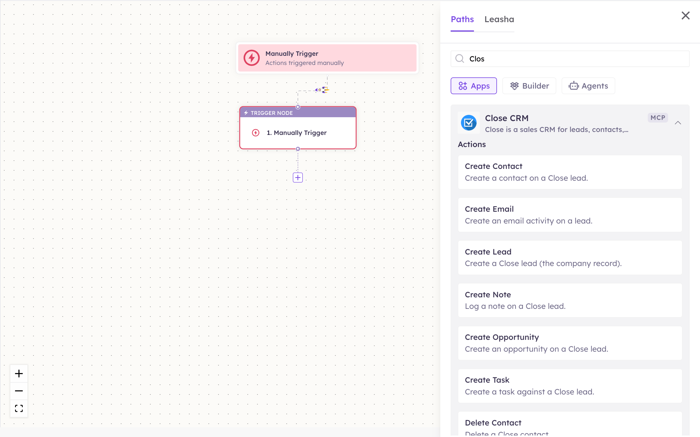 Close CRM actions in the Apps panel