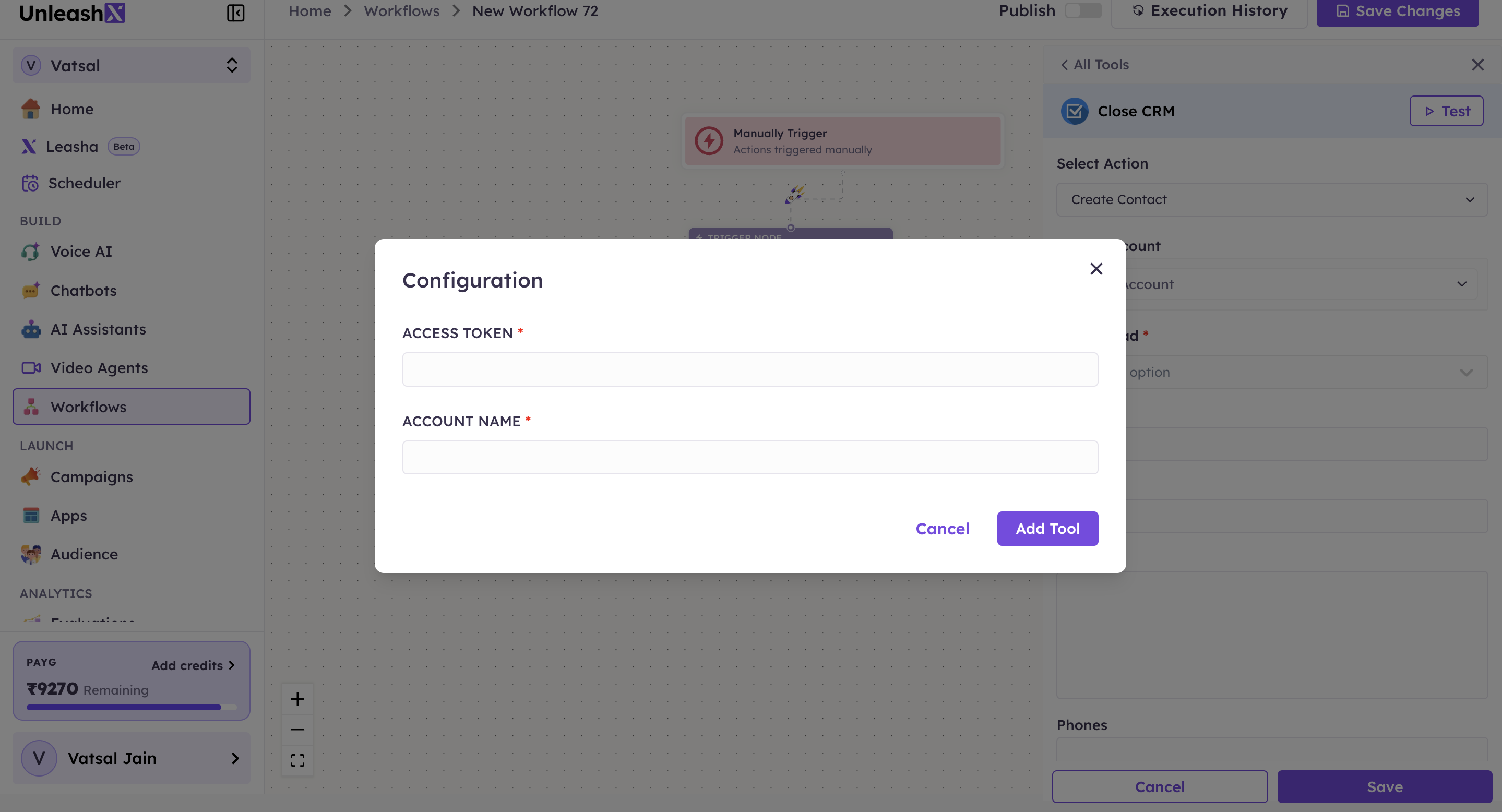 The Close CRM Configuration dialog: Access Token and Account Name
