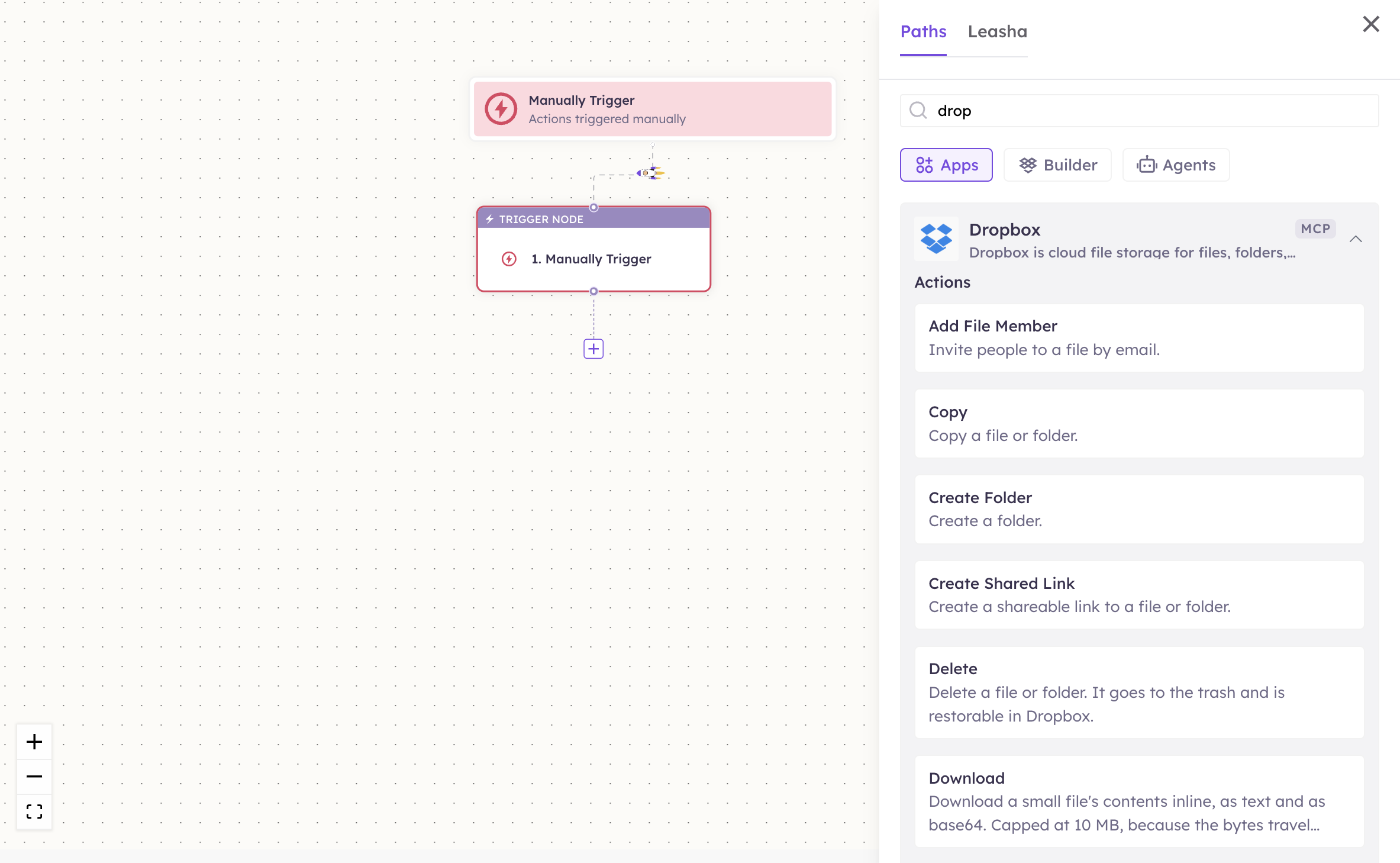 Dropbox actions in the Apps panel
