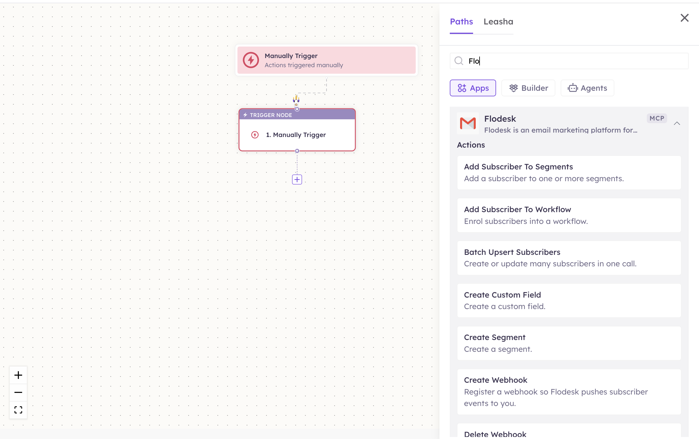 Flodesk actions in the Apps panel