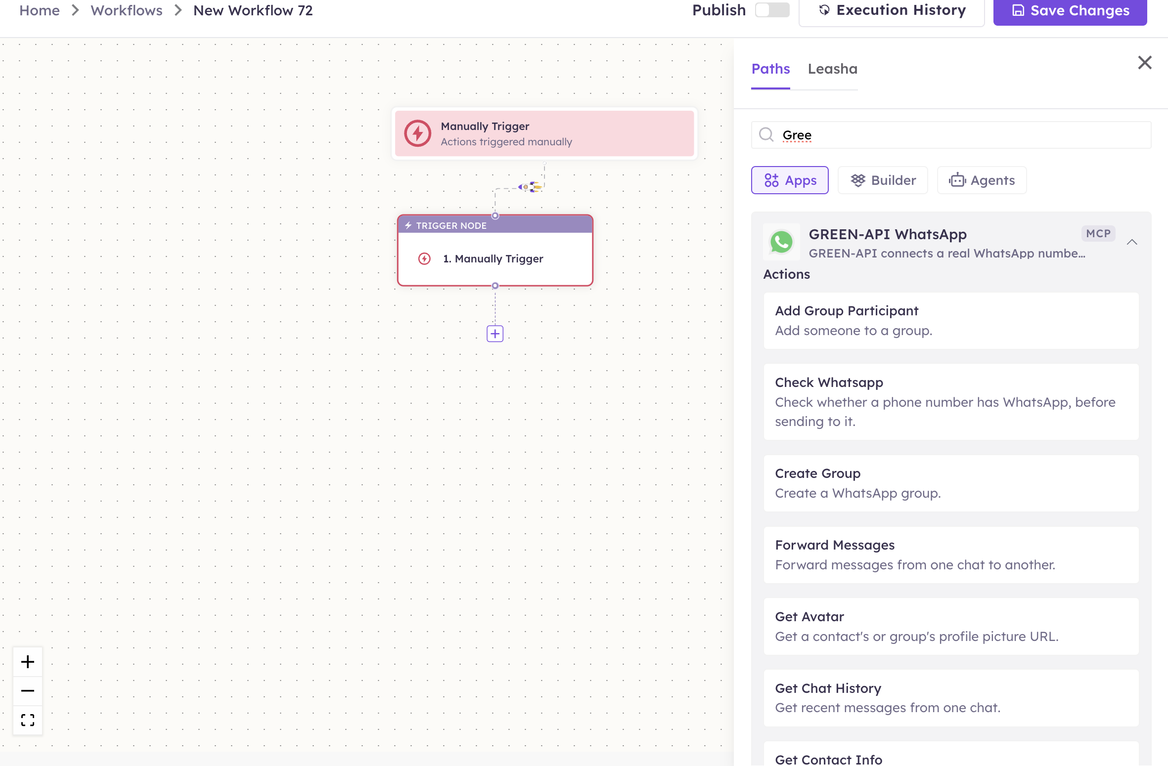 GREEN-API WhatsApp actions in the Apps panel