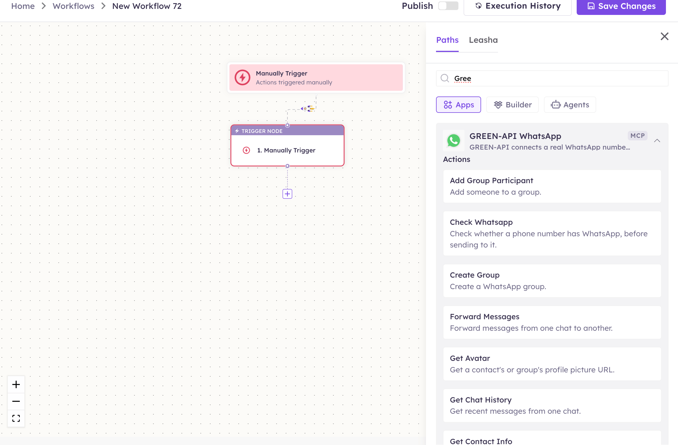 GREEN-API WhatsApp actions in the Apps panel