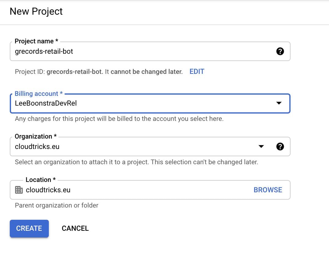Create a project with a billing account and organization selected