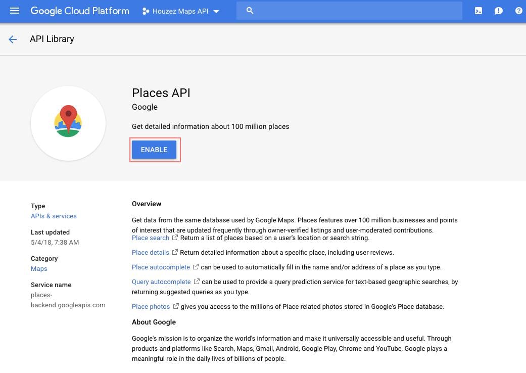 Enable the Places API