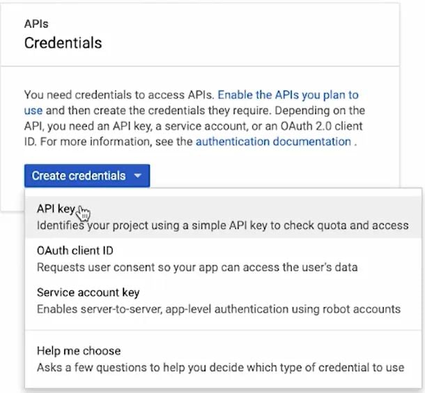Create credentials and choose API key