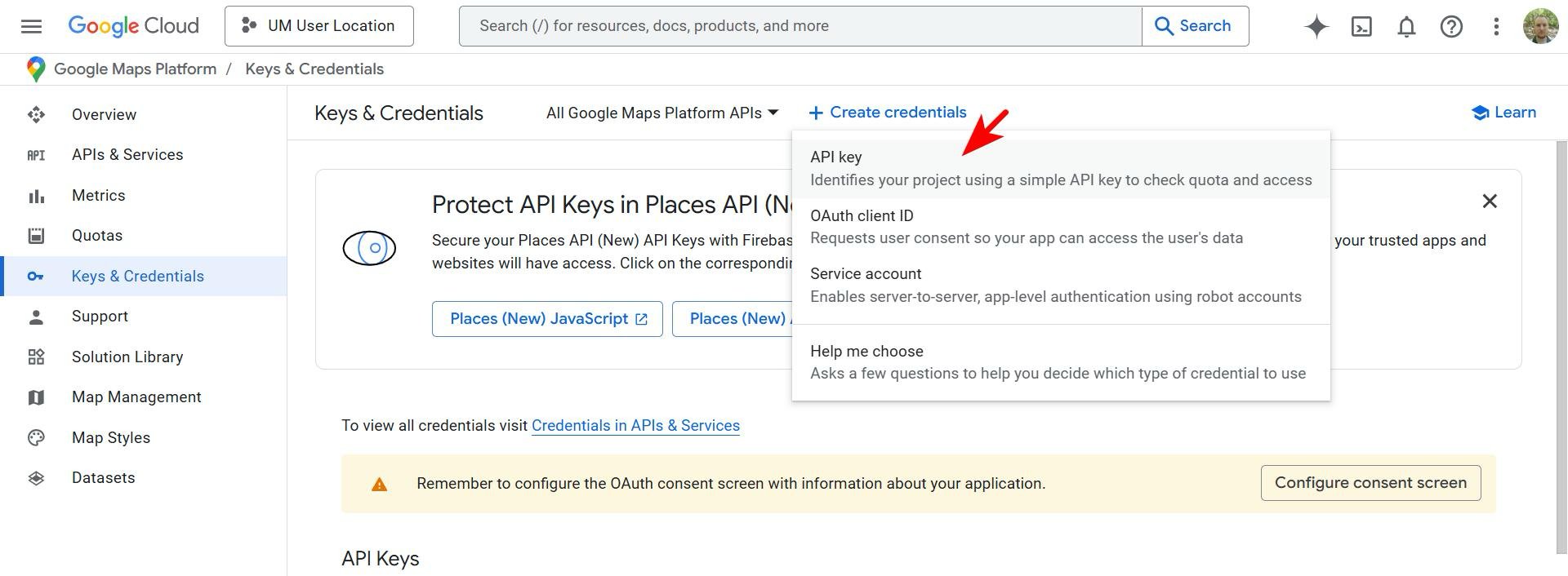 Create an API key from the Maps Platform Keys & Credentials page