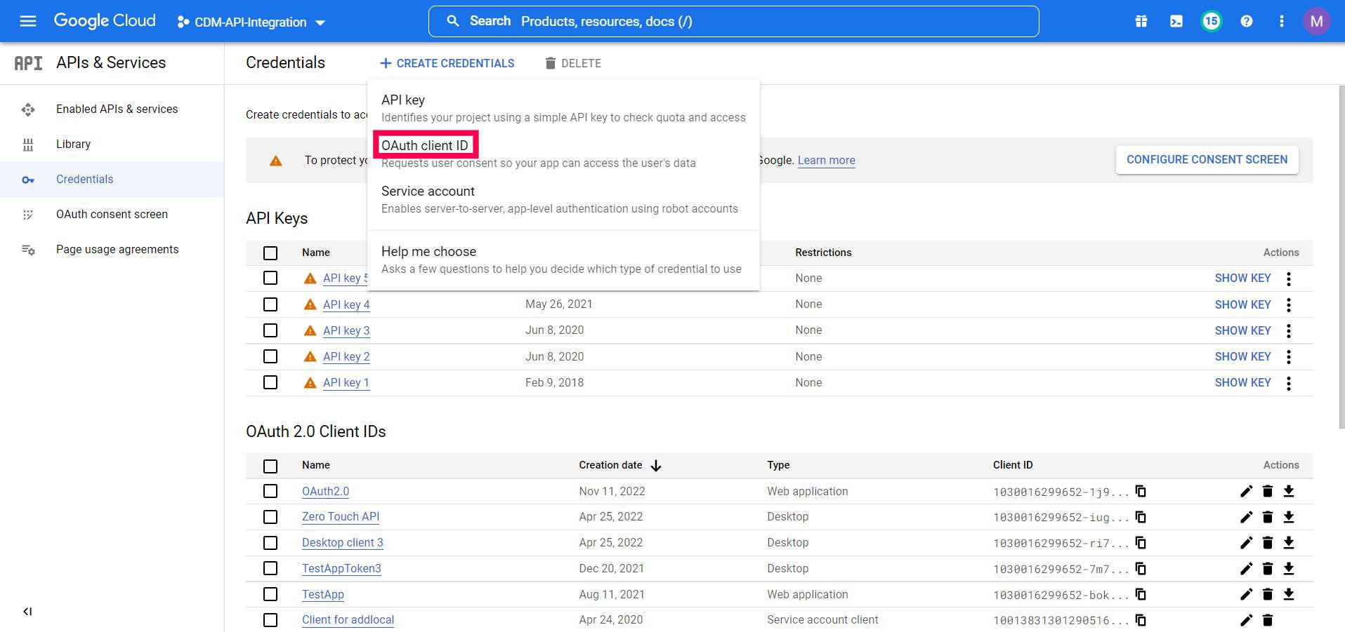 The Credentials page with the Create credentials dropdown