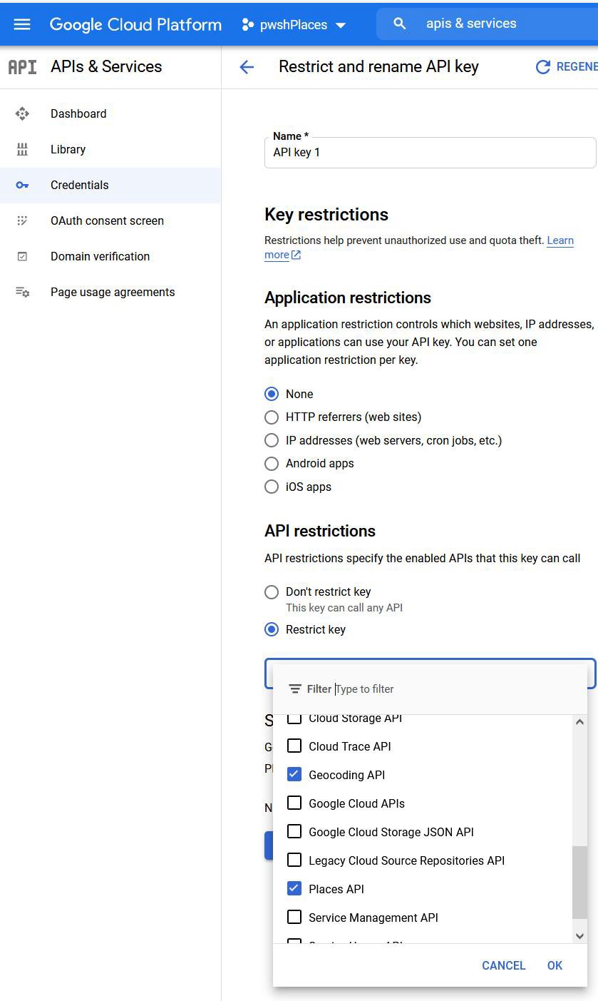 Restrict and rename the API key, selecting only the APIs you use