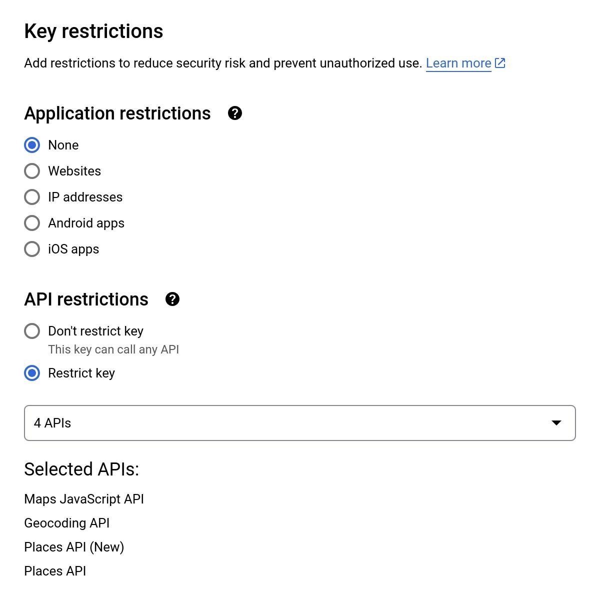 Application and API restrictions with the selected APIs listed
