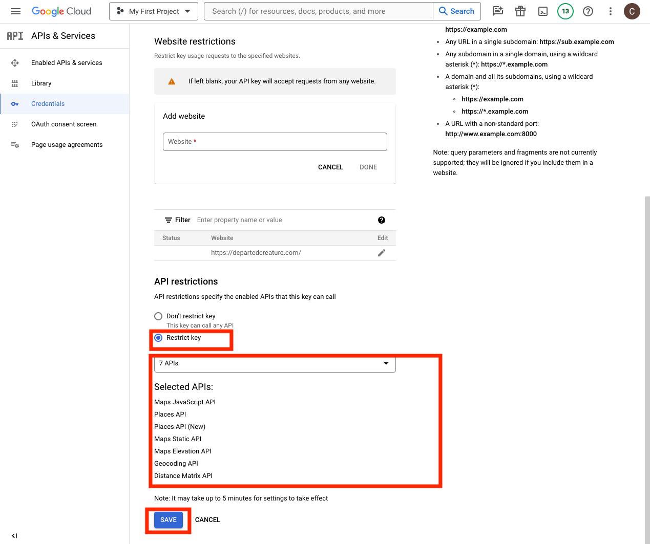 Website and API restrictions, then Save