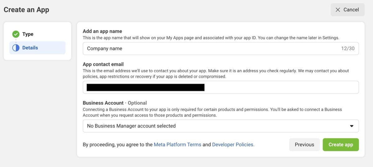 Add app name and contact email, then create the app