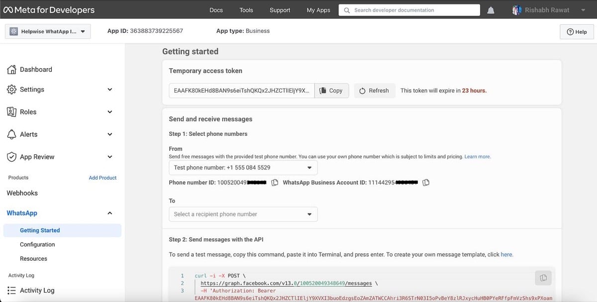 API Setup: temporary token, test number, Phone Number ID, and WABA ID