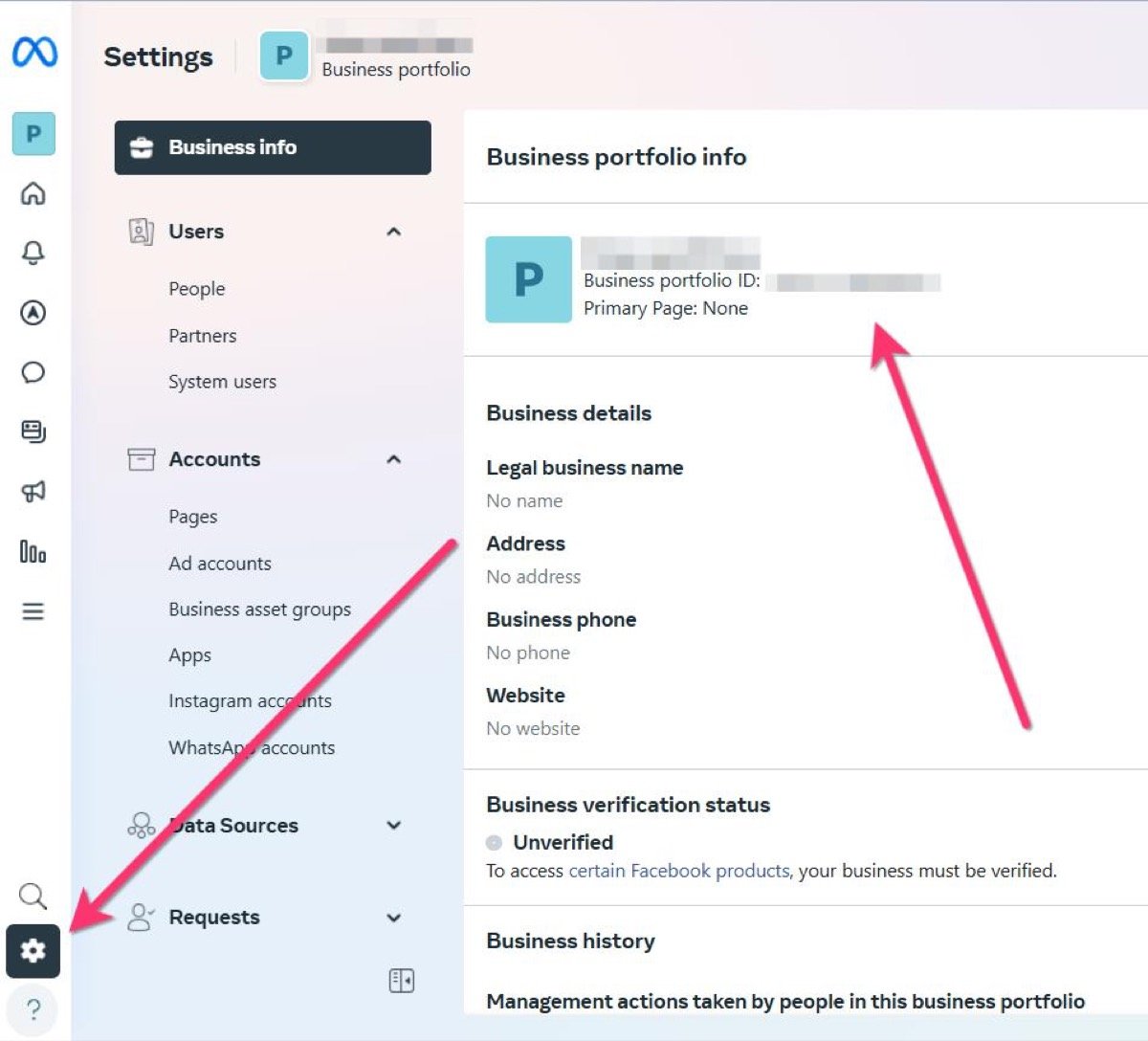 Business portfolio info and ID in Business Settings