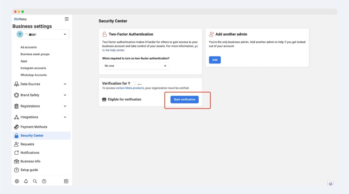 Start business verification in the Security Center
