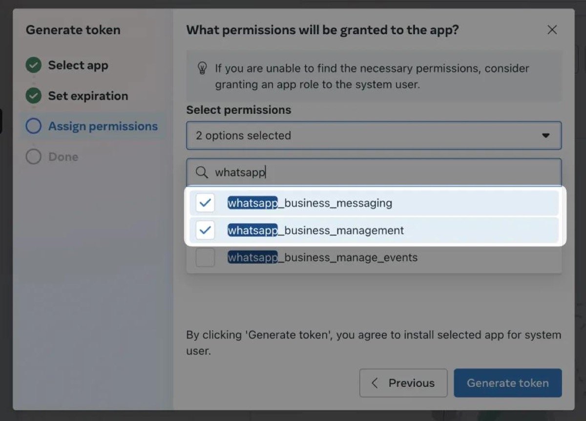 Select WhatsApp permissions and generate the token
