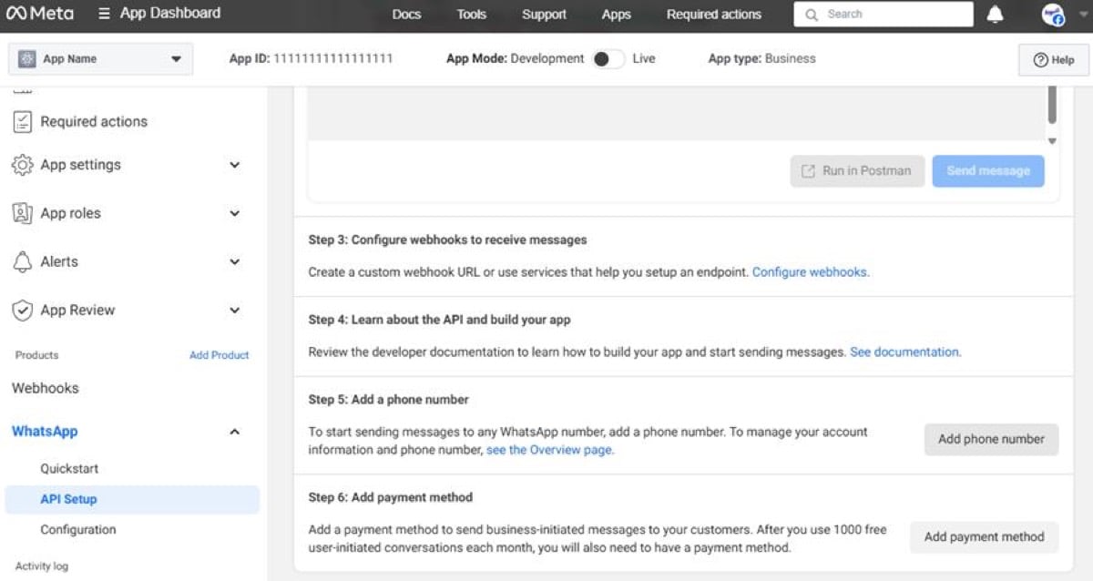API Setup: add a phone number and payment method