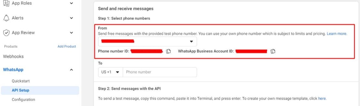 Phone Number ID and WhatsApp Business Account ID on the API Setup page
