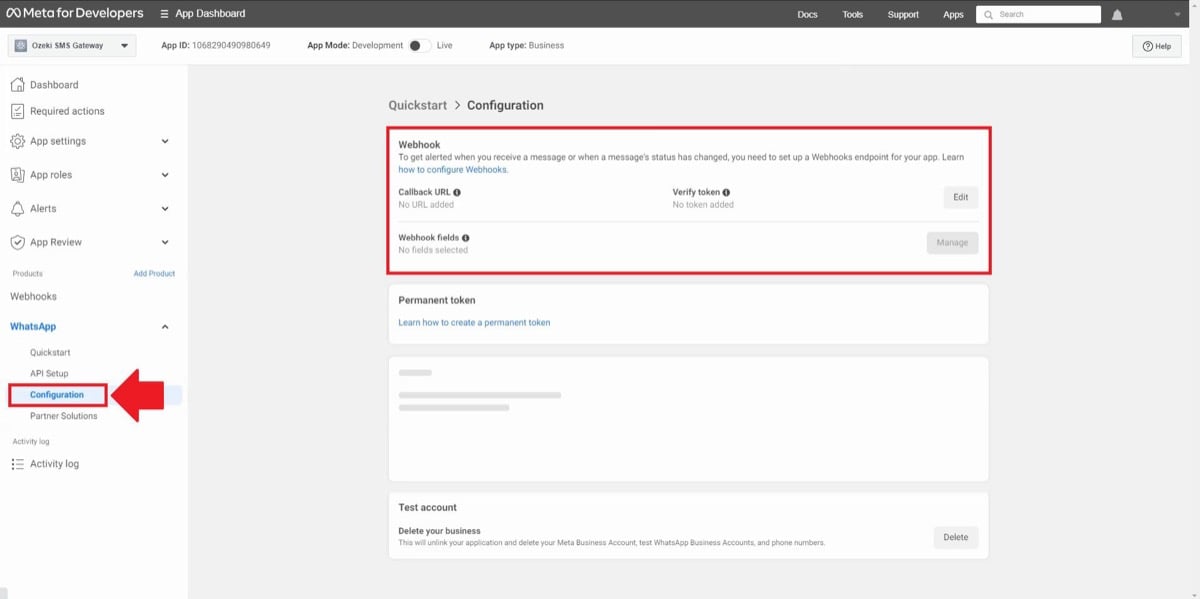 WhatsApp Configuration: webhook callback URL and verify token